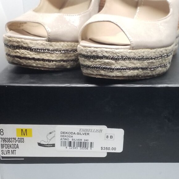 Brian Atwood size 8 Metallic Leather Platform Wedge Sandals with Rattan and Jute - Picture 4 of 9